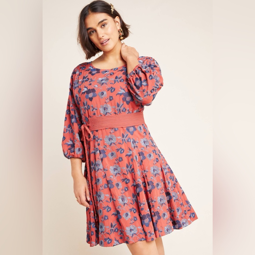 Anthropologie Juniper Embroidered Swing Dress Floral Size XS